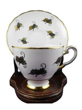 Tuscan Bone China Demitasse Teacup & Saucer Palest Pink Gold Leaf Design Vintage